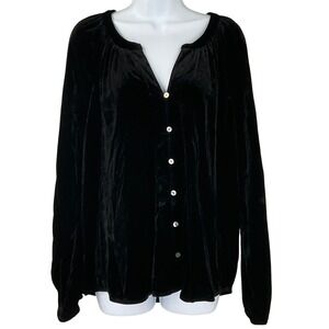 Faherty Black Velvet Silk V Neck Button Front Shirt Stretch Top Womens Sz XL